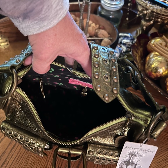 Vintage BETSEY JOHNSON Olive Heavy Metal Studded Satchel Handbag - Picture 10 of 16